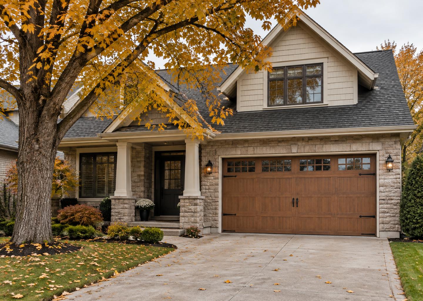 Woodgrain carriage-style garage door on a London, Ontario home in autumn